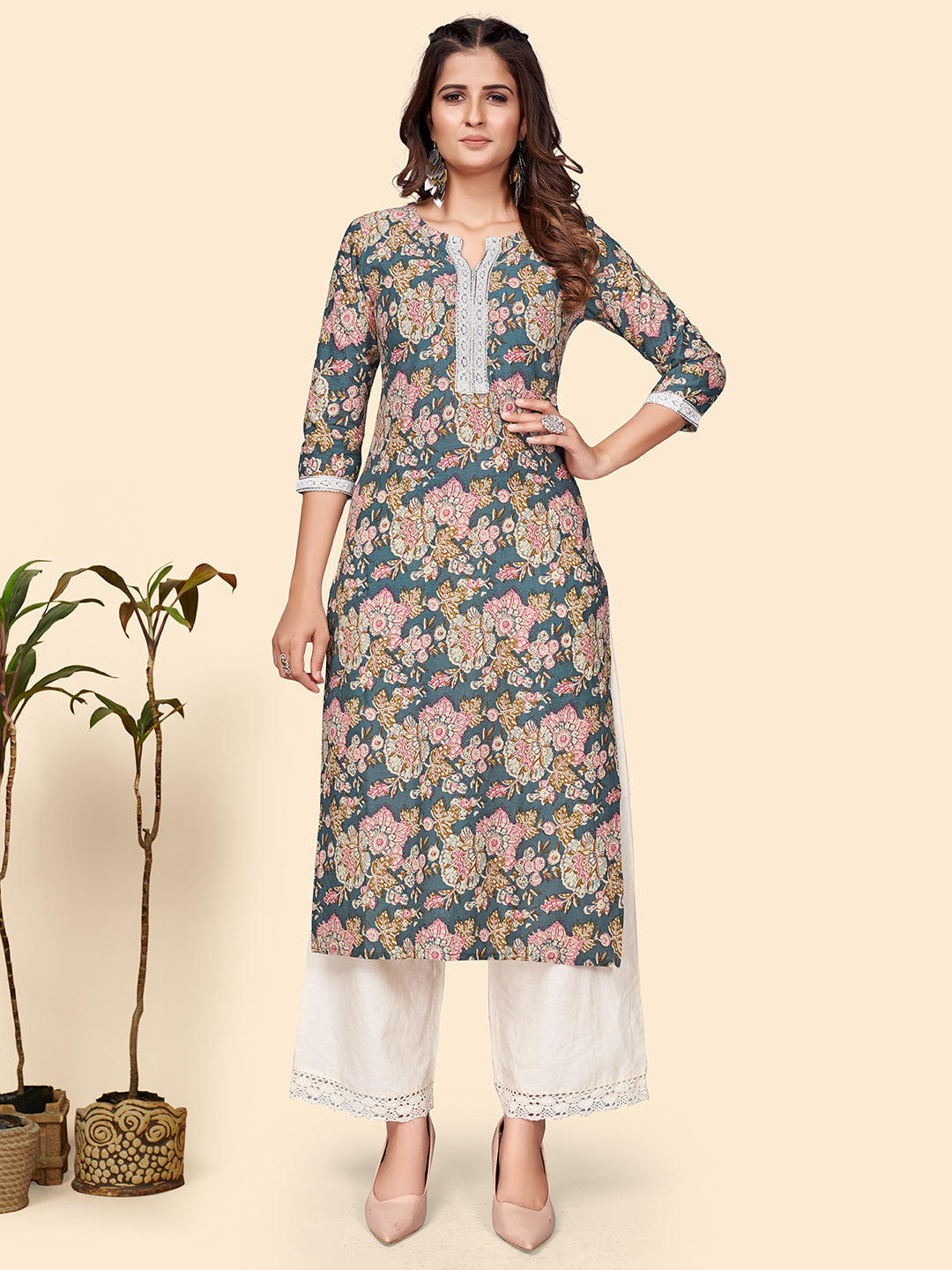 Women's Floral Print Straight Cotton Blue Stitched Kurta - Vbuyz