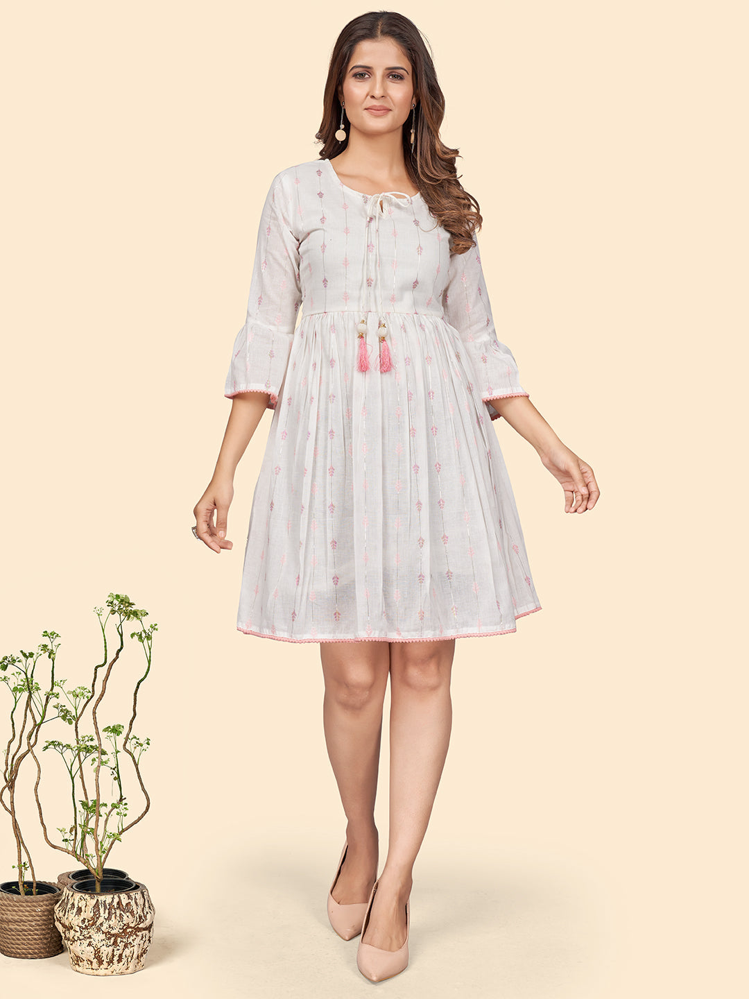 Women's Printed Flared Cotton Off White Stitched Dress - Vbuyz