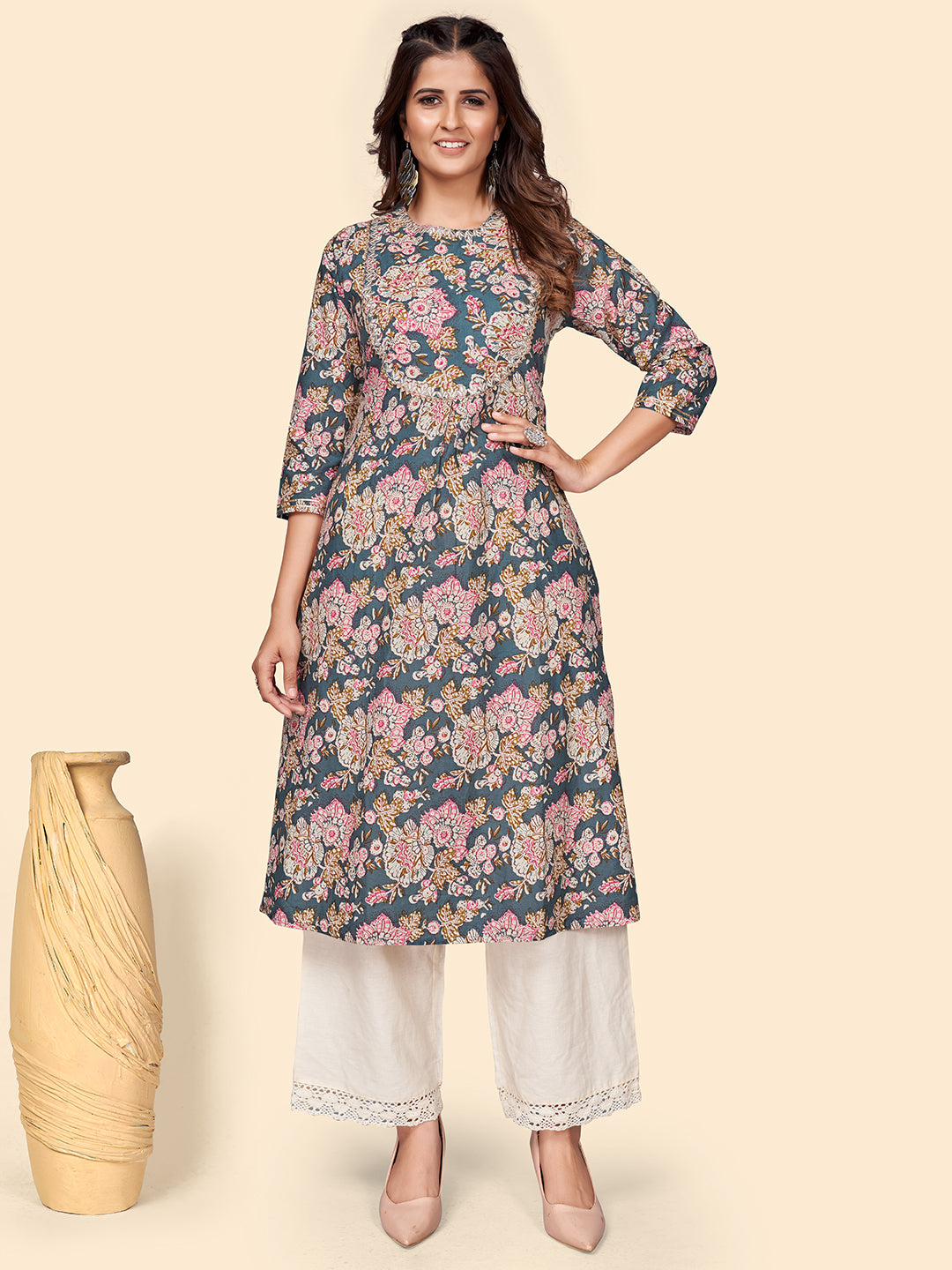 Women's Printed & Embroidered Straight Cotton Blue Stitched Kurta - Vbuyz