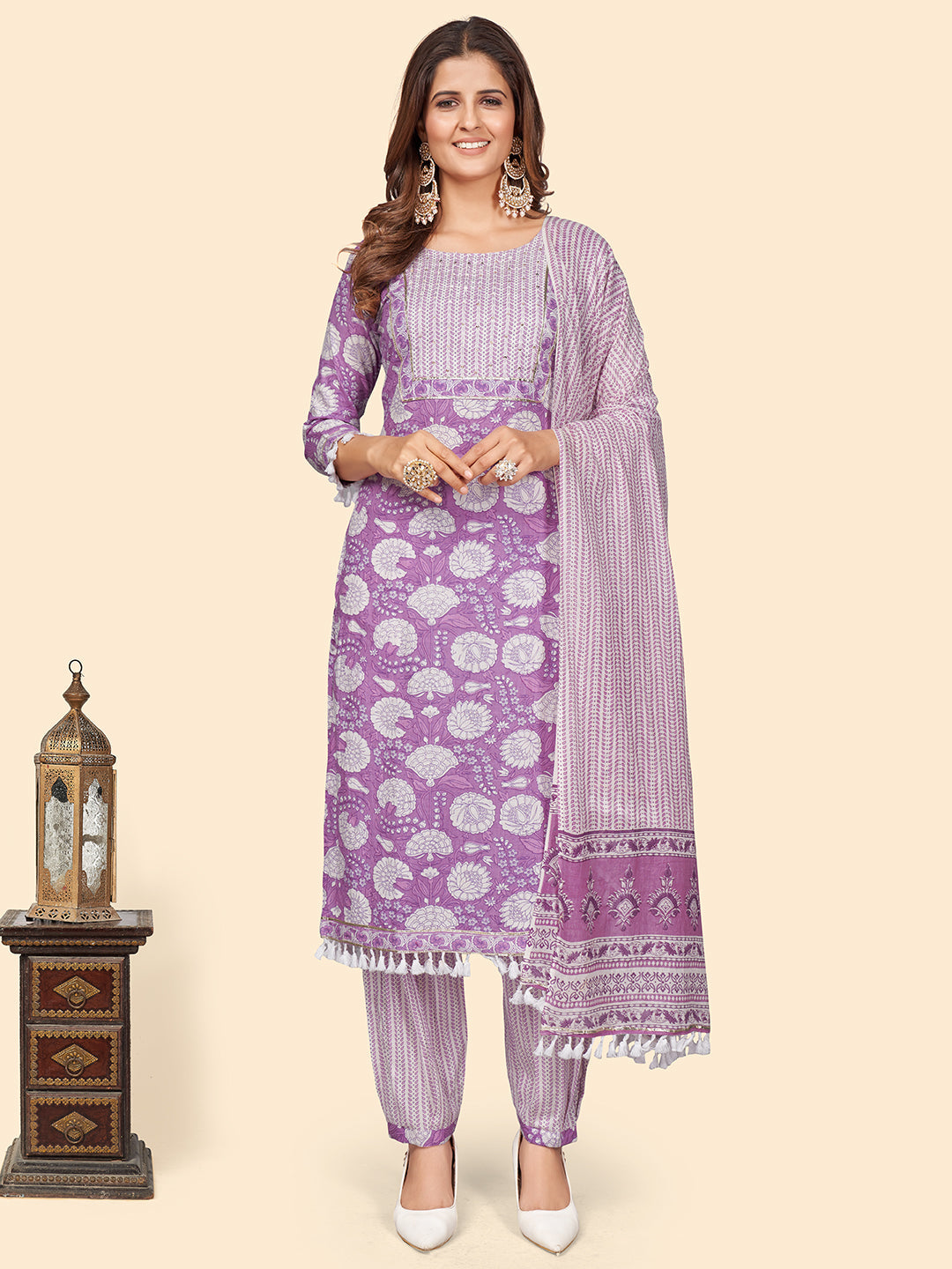 Women's Print & Sequience Straight Cotton Lavender Stitched Kurta Pant With Dupatta - Vbuyz