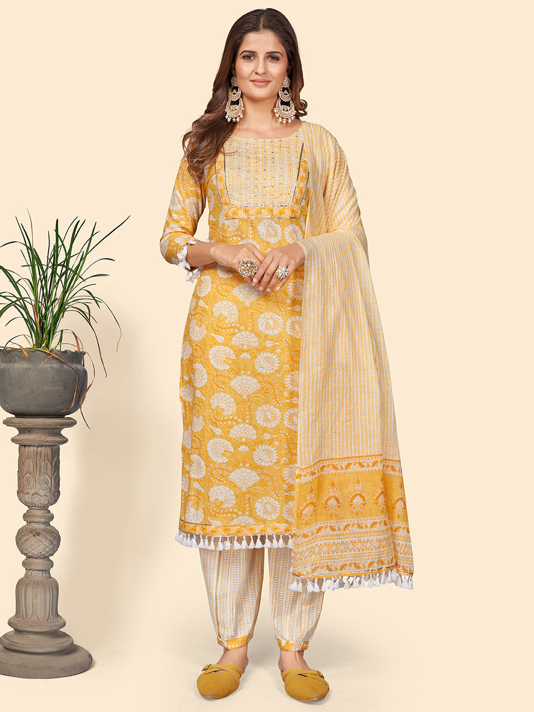 Women's Print & Sequience Straight Cotton Yellow Stitched Kurta Pant With Dupatta - Vbuyz