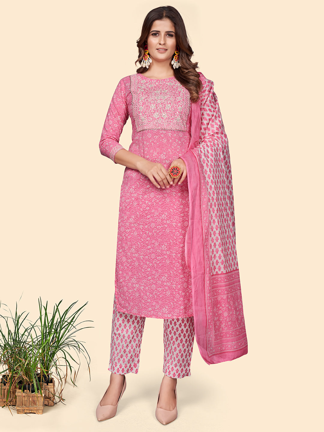 Women's Print & Embroidered Straight Cotton Pink Stitched Kurta Pant With Dupatta - Vbuyz