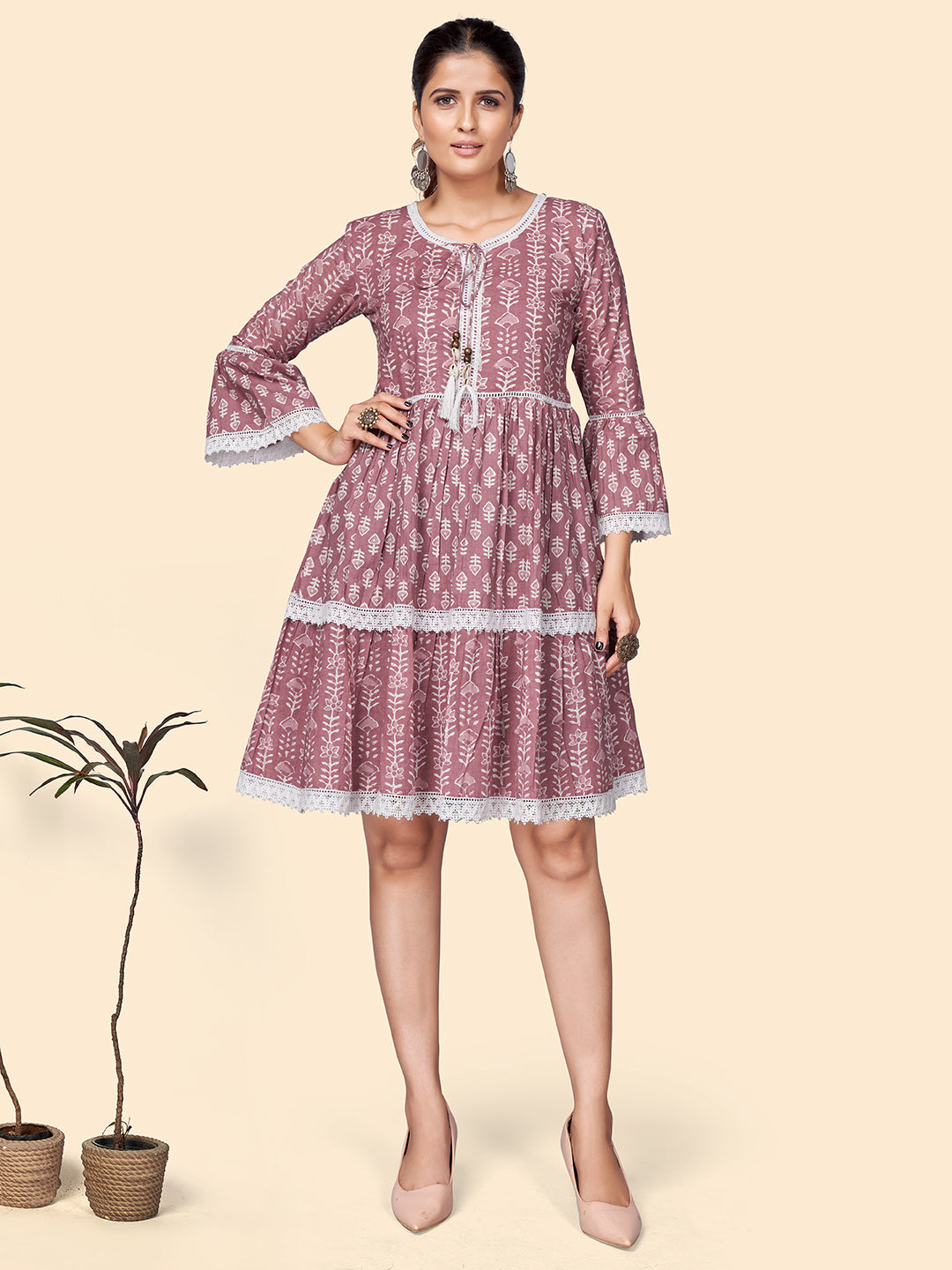 Women's Printed Flared Cotton Pink Stitched Dress - Vbuyz