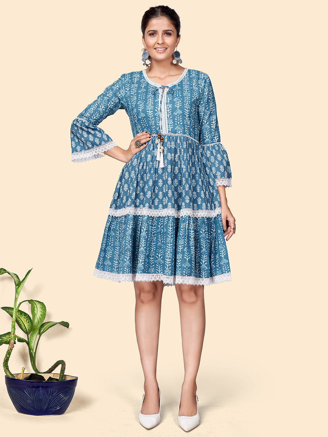 Women's Printed Flared Cotton Blue Stitched Dress - Vbuyz