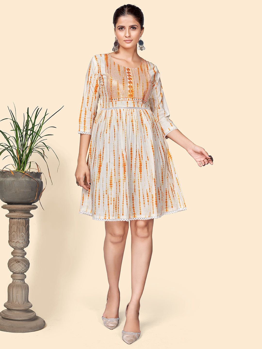 Women's Print & Sequience Flared Cotton Orange Stitched Dress - Vbuyz