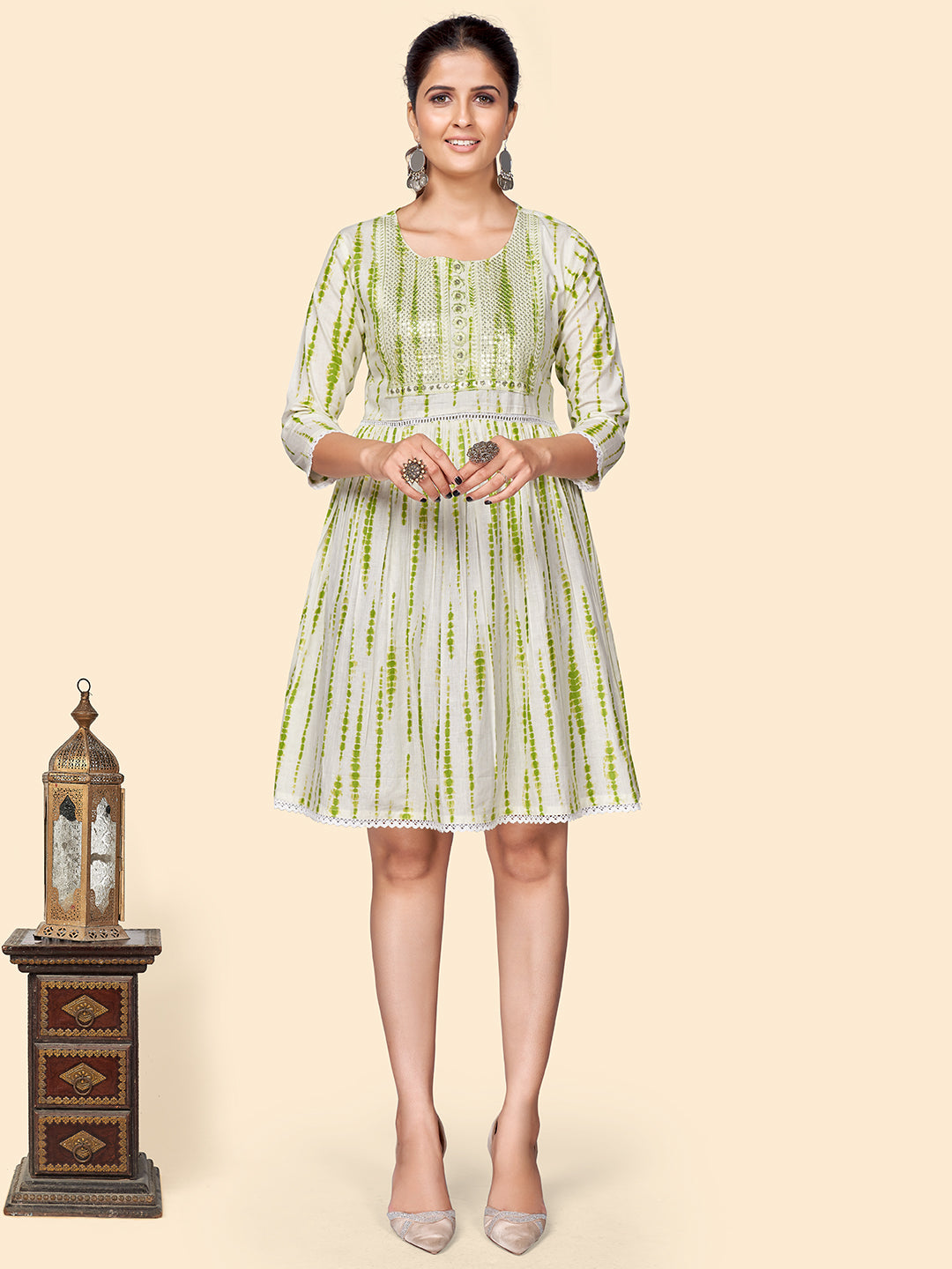 Women's Print & Sequience Flared Cotton Green Stitched Dress - Vbuyz