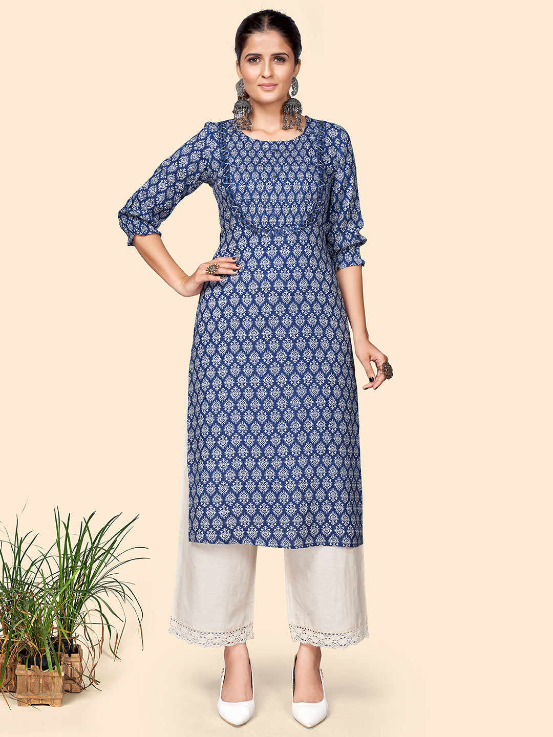 Women's Print & Mirror Work Straight Cotton Blue Stitched Kurta - Vbuyz