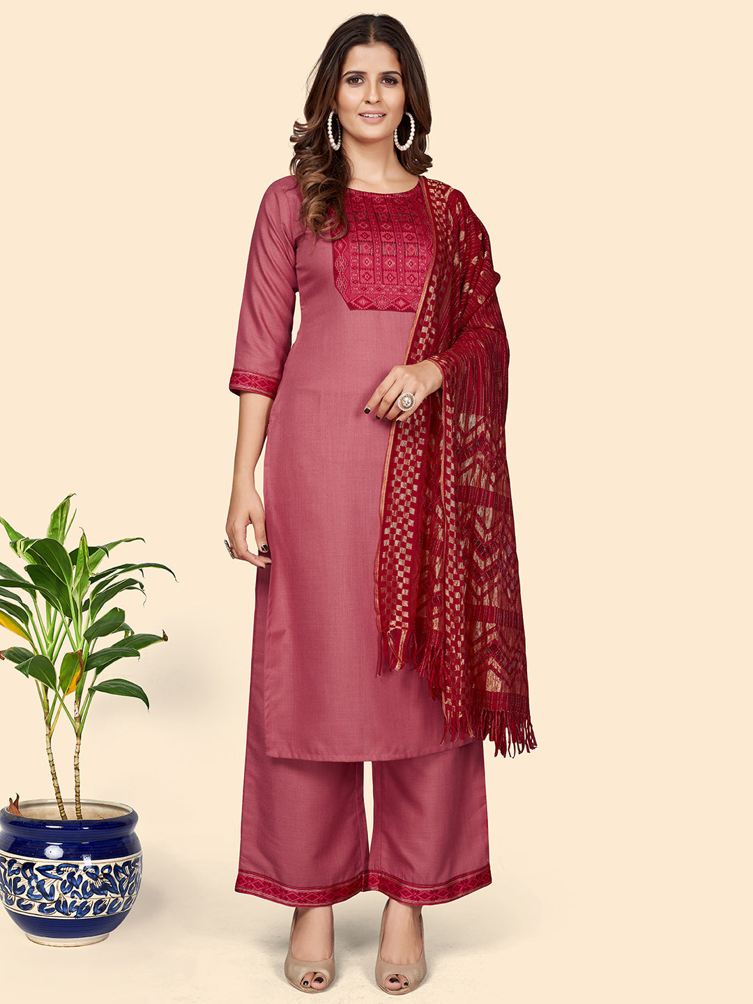 Women's Printed Straight Cotton Blend Pink Stitched Kurta Palazzo With Dupatta - Vbuyz