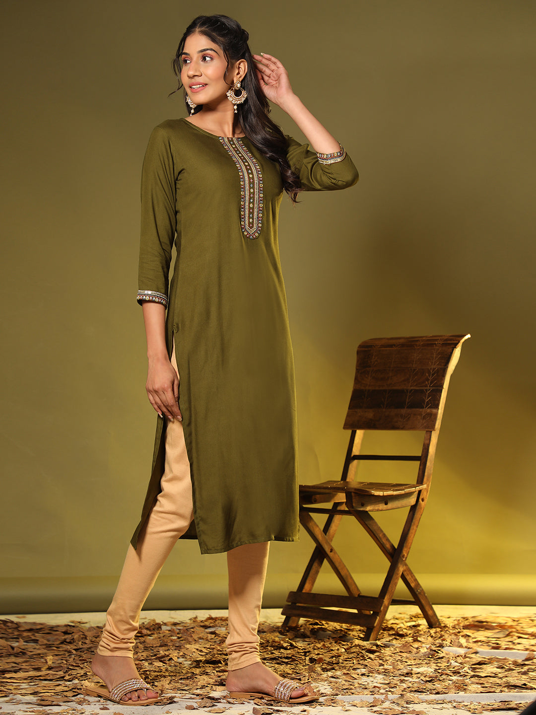 Women's Embroidered Straight Rayon Mehendi Green Stitched Kurta - Vbuyz