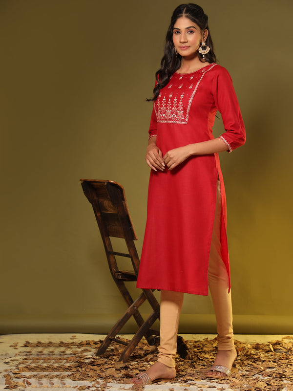 Women's Embroidered Straight Cotton Blend Red Stitched Kurta - Vbuyz