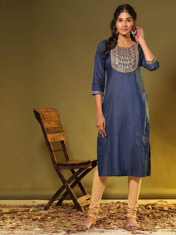 Women's Embroidered Straight Chanderi Blue Stitched Kurta - Vbuyz