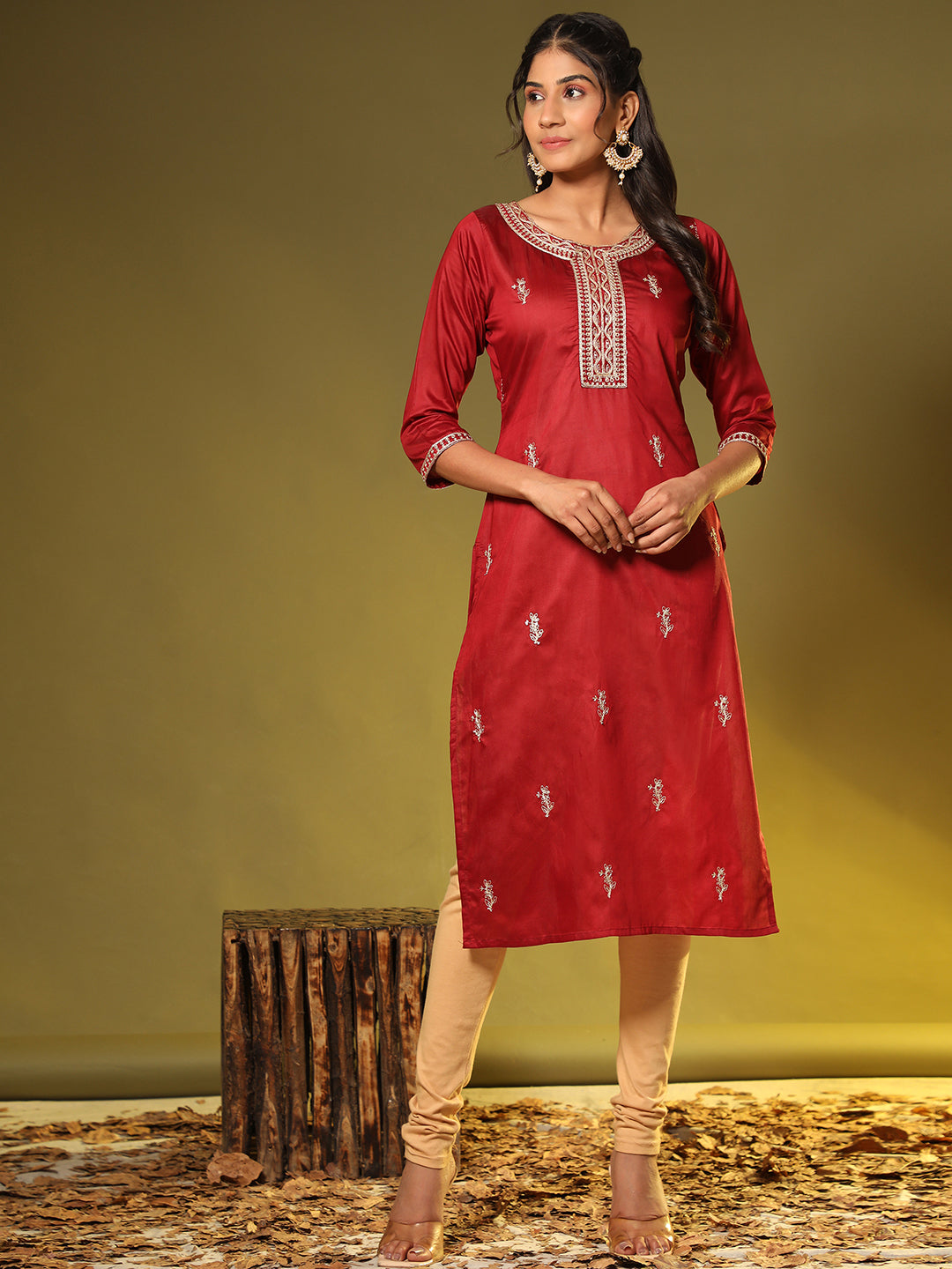 Women's Embroidered Straight Chanderi Marron Stitched Kurta - Vbuyz