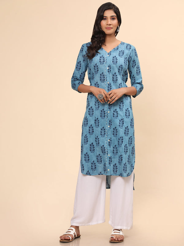 Women's Printed Asymmetric Cotton Blue Stitched Kurta - Vbuyz