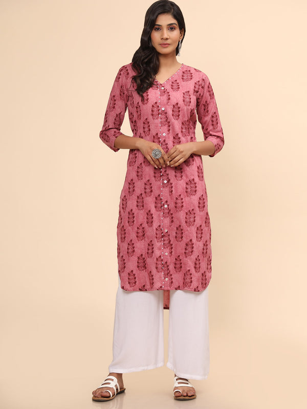 Women's Printed Asymmetric Cotton Pink Stitched Kurta - Vbuyz