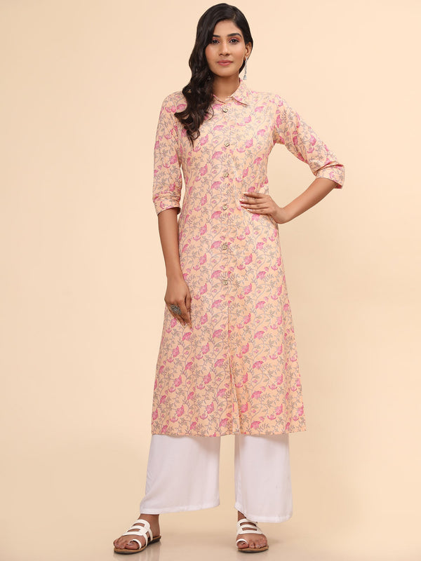 Women's Floral Print A-Line Cotton Peach Stitched Kurta - Vbuyz