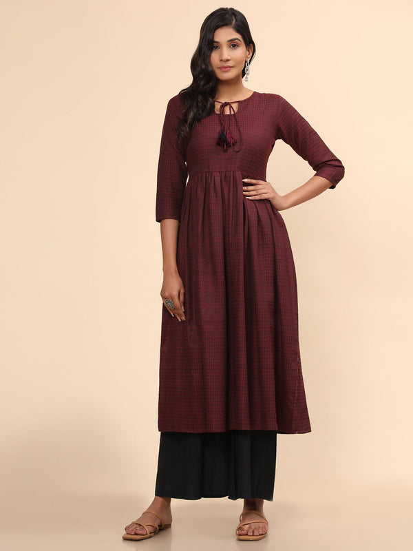 Women's Printed A-Line Yarn Dyed Purple Stitched Kurta - Vbuyz