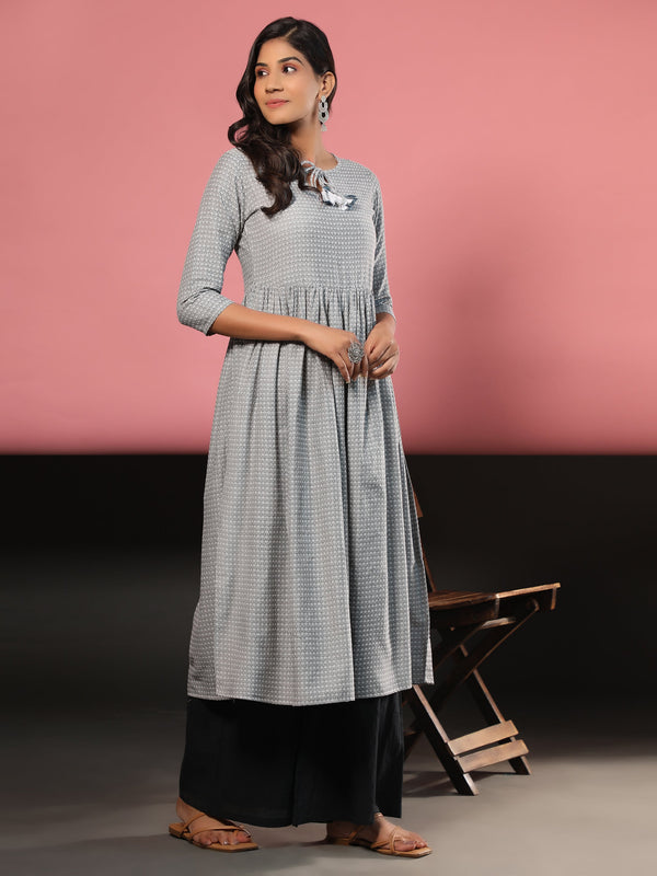 Women's Printed A-Line Yarn Dyed Grey Stitched Kurta - Vbuyz