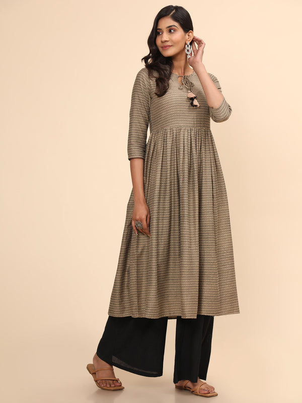 Women's Printed A-Line Yarn Dyed Beige Stitched Kurta - Vbuyz