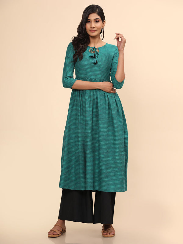 Women's Printed A-Line Yarn Dyed Turquoise Stitched Kurta - Vbuyz