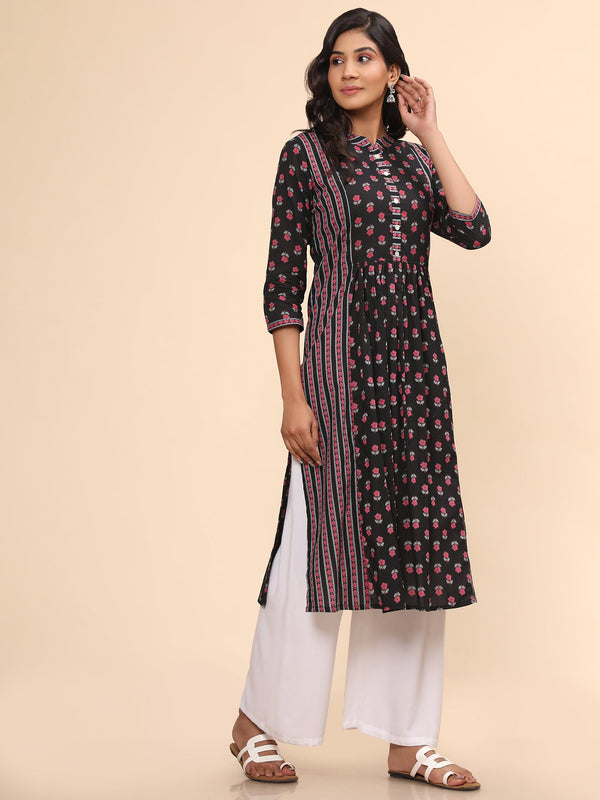 Women's Floral Print Straight Cotton Black Stitched Kurta - Vbuyz