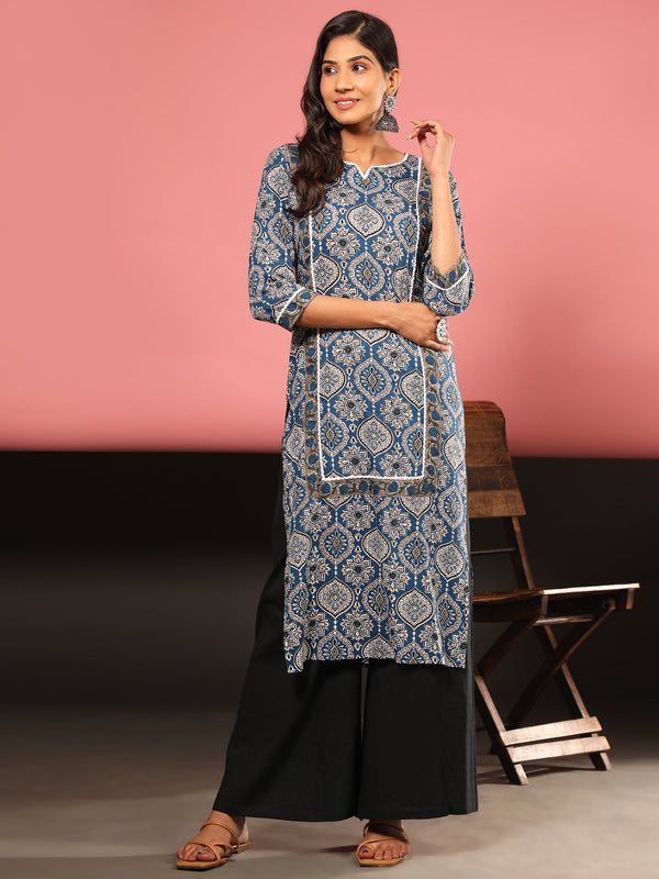 Women's Printed Straight Cotton Blue Stitched Kurta - Vbuyz