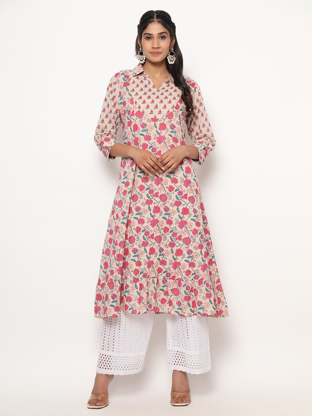 Women's Floral Print A-Line Cotton Pink Stitched Kurta - Vbuyz