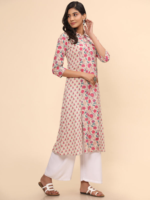 Women's Floral Print Straight Cotton Pink Stitched Kurta - Vbuyz