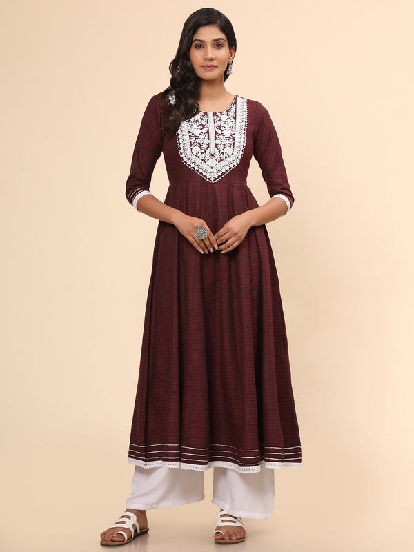 Women's Embroidered Anarkali Cotton Purple Stitched Kurta - Vbuyz