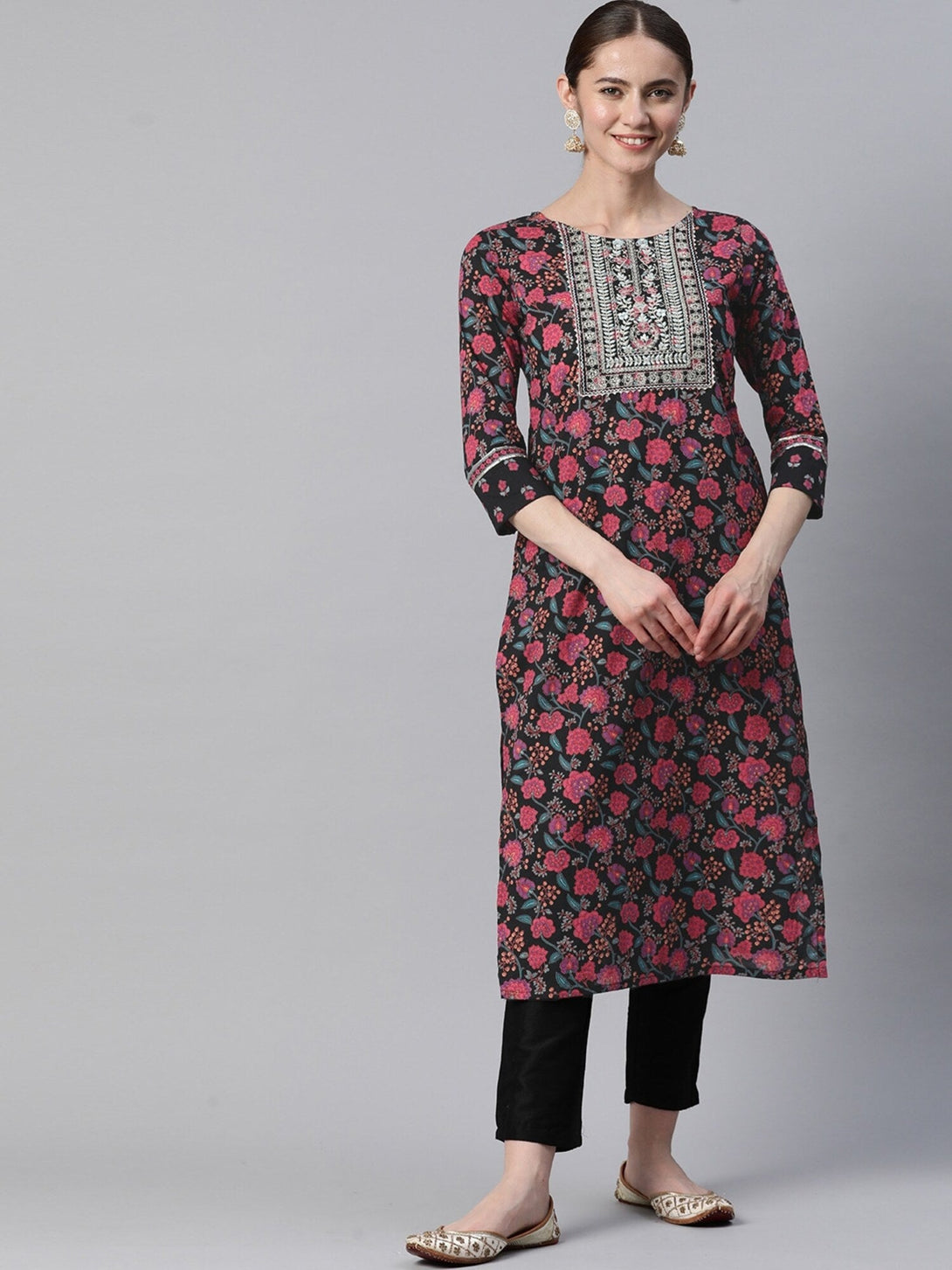 Women's Print & Embroidered Straight Cotton Pink Stitched Kurta - Vbuyz