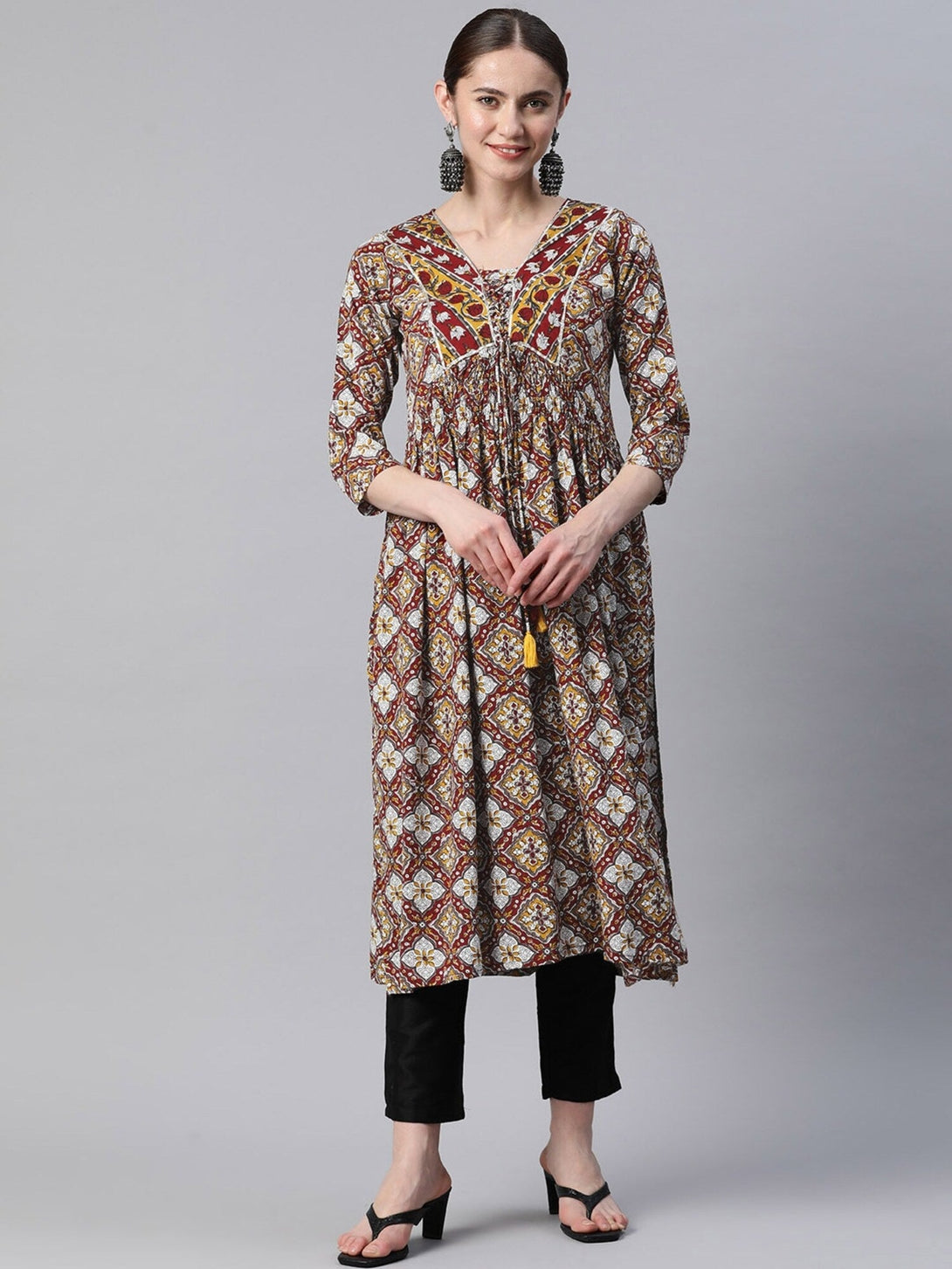 Women's Print & Gota Work Straight Rayon Red Stitched Kurta - Vbuyz