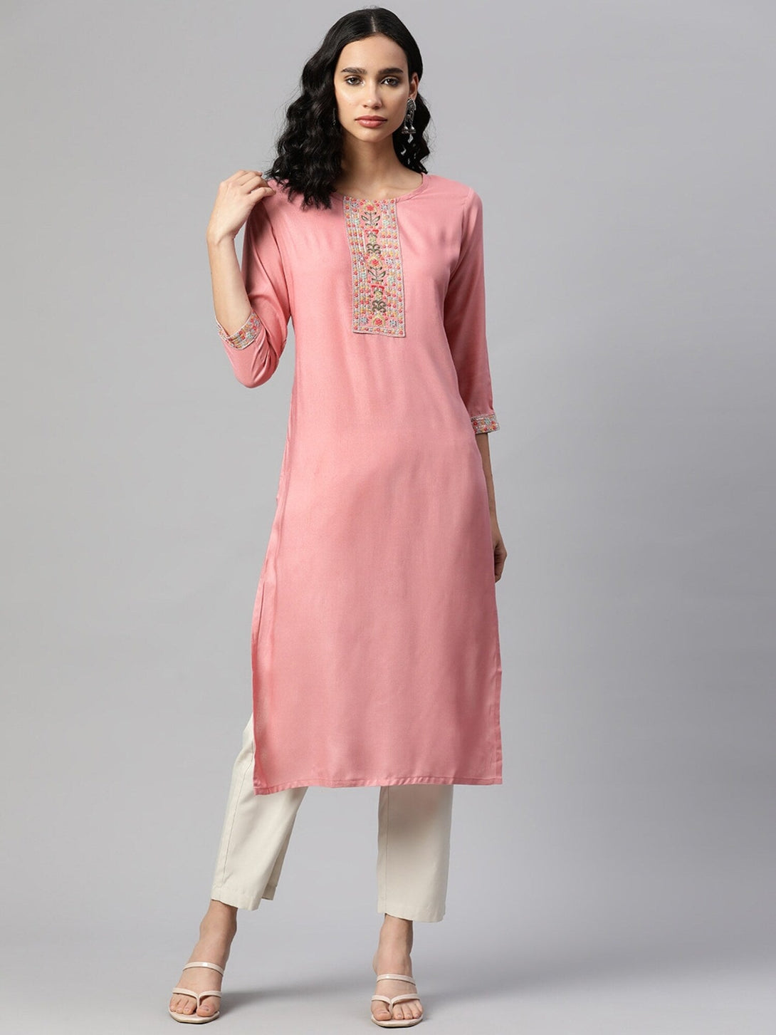 Women's Embroidered Straight Rayon Baby Pink Stitched Kurta - Vbuyz