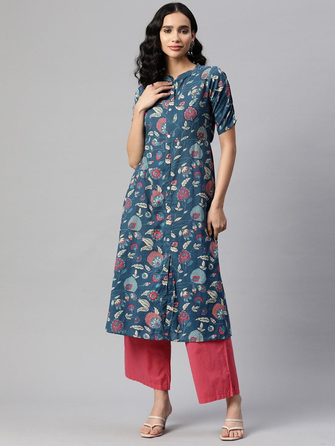 Women's Print & Hand Work A-Line Cotton Dark Aqua Stitched Kurta - Vbuyz