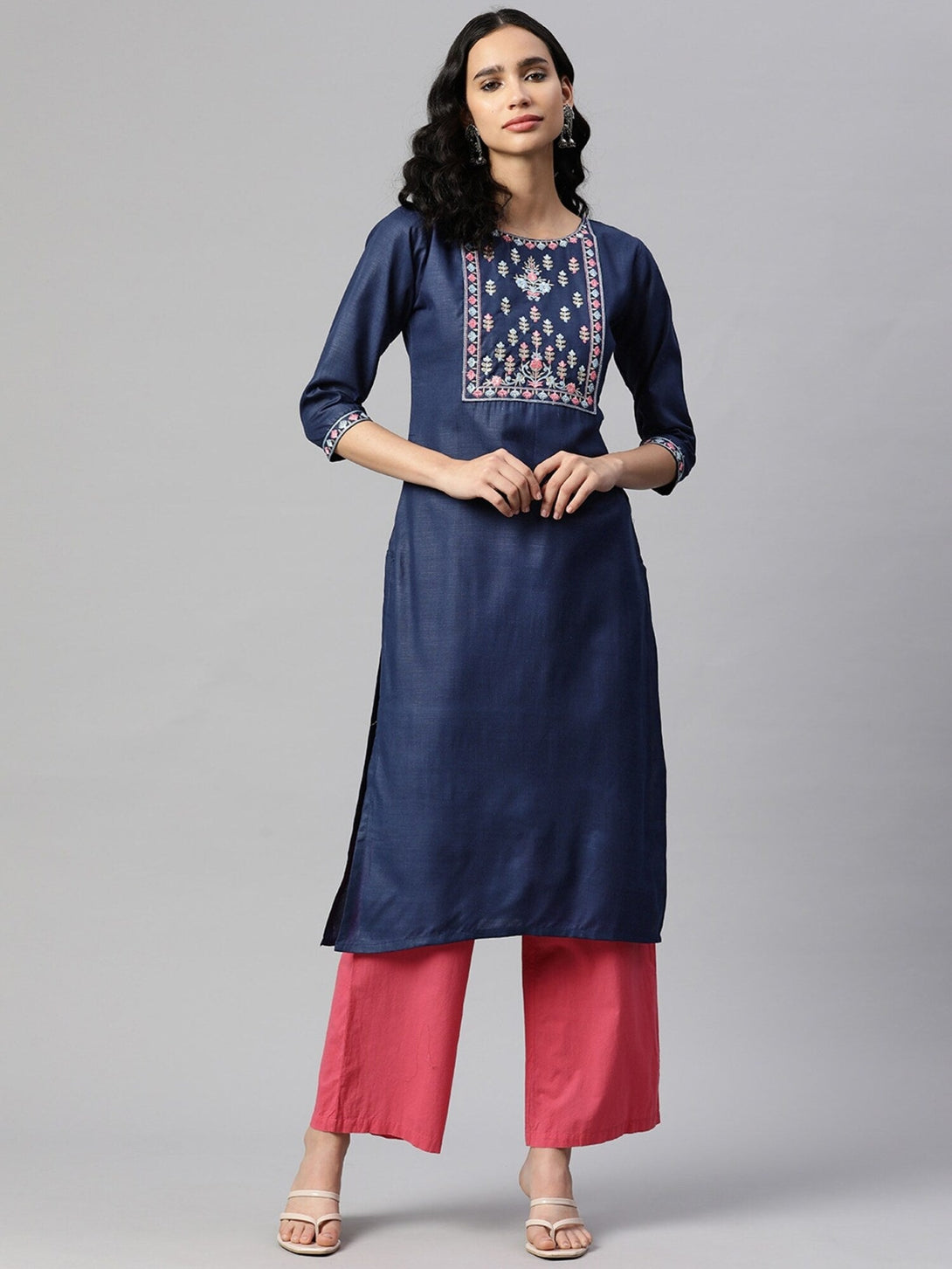 Women's Embroidered Straight Cotton Navy Blue Stitched Kurta - Vbuyz