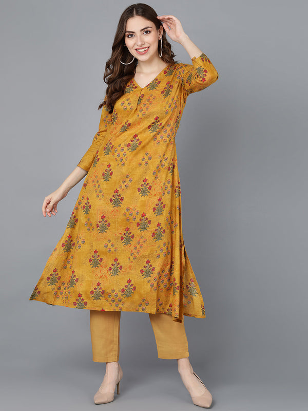 Women's Cotton Mustard Floral Printed High-Low Kurta - Ahika