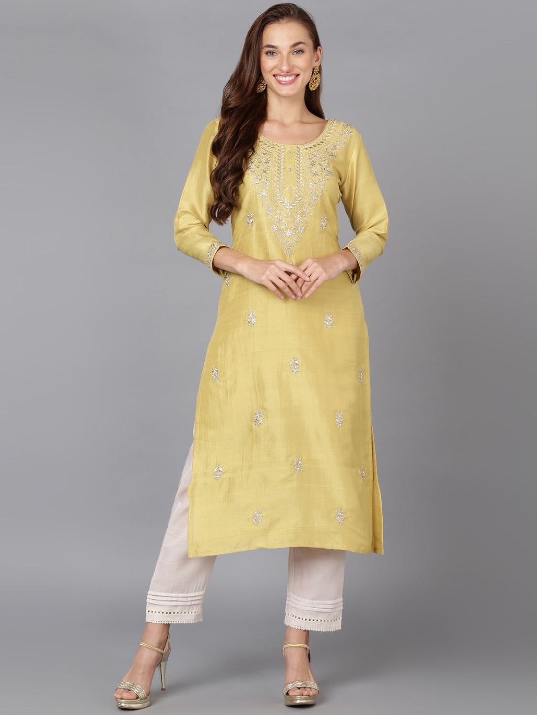 Women's Banana Yellow Silk Blend Embroidered Work Wear Kurta - Ahika