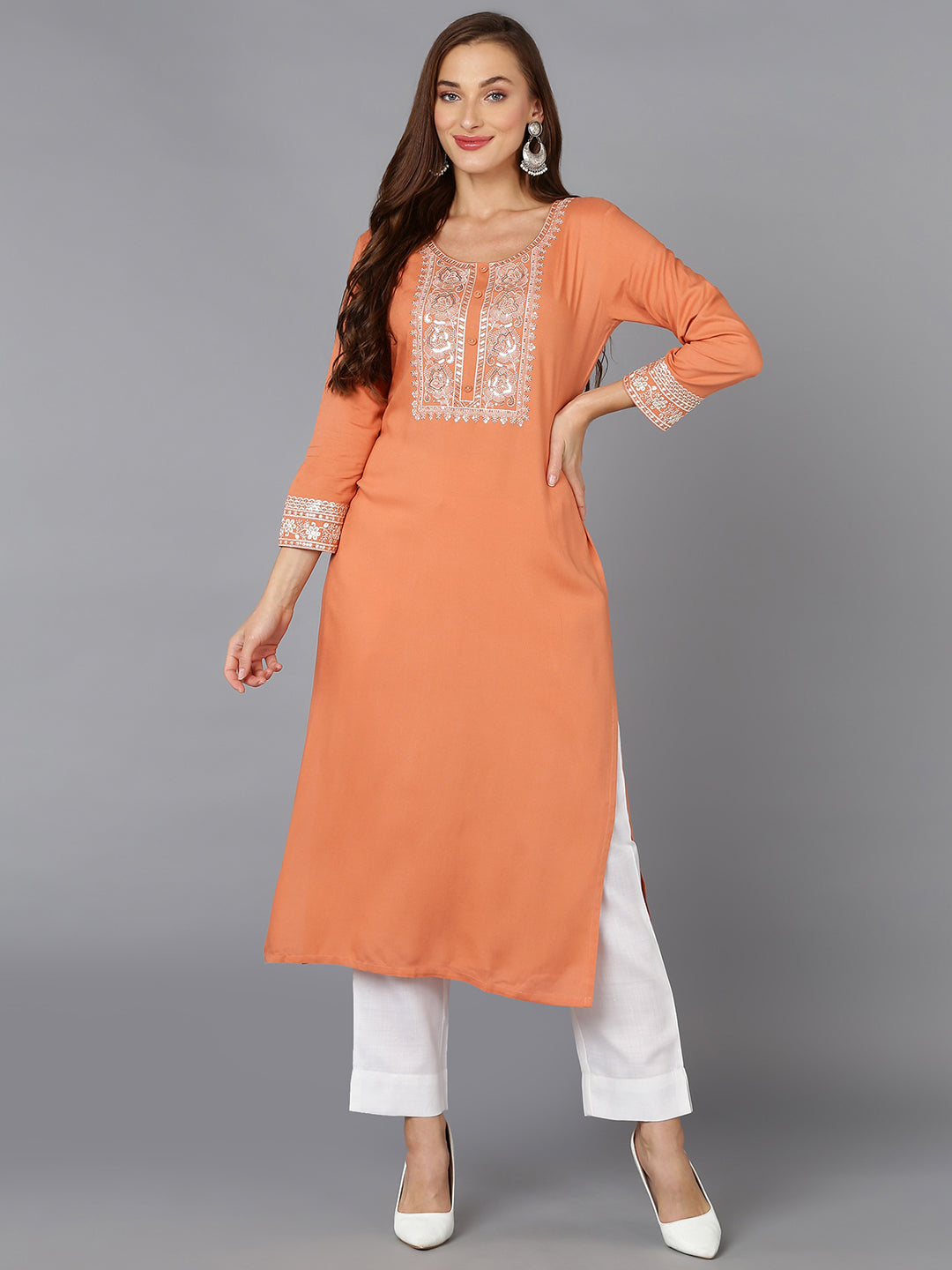 Women's  Viscose Rayon Coral Peach Embroidered Regular Fit Kurta - Ahika