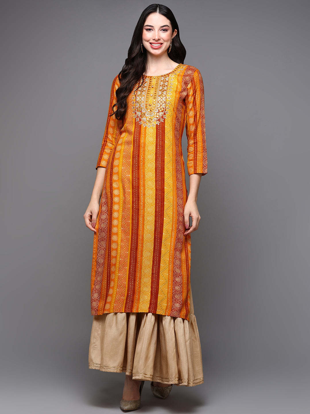 Women's Yellow Viscose Rayon Bandhani Printed Kurta - Ahika