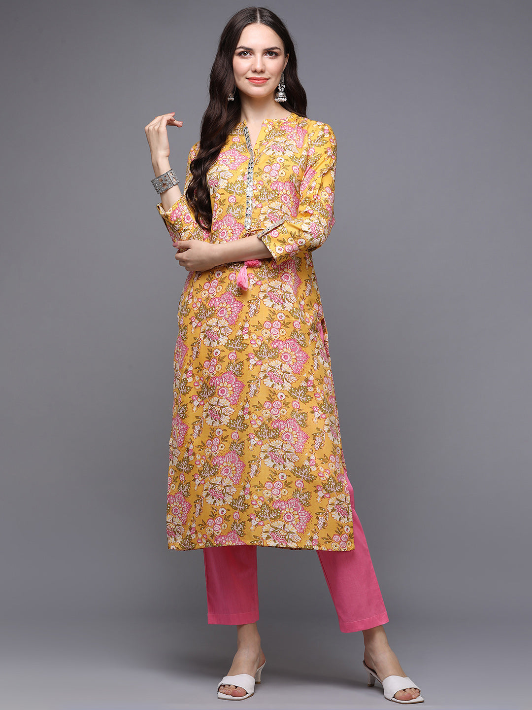 Women's Yellow Cotton Floral Printed Regular Fit Kurta - Ahika