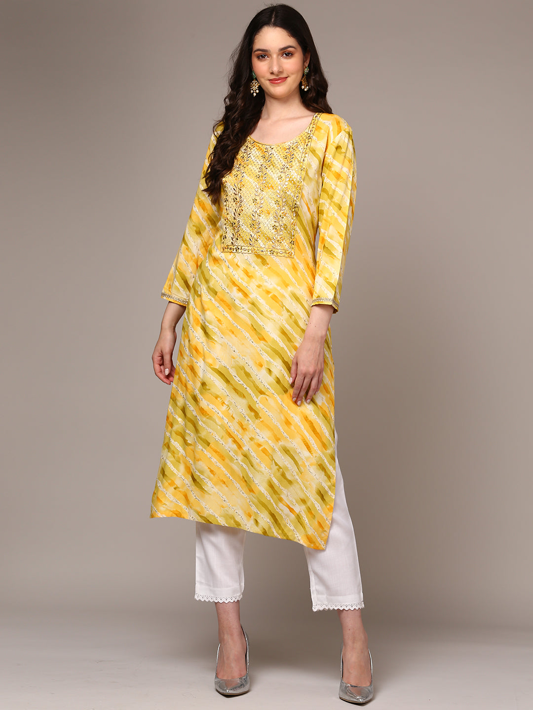 Women's Yellow Viscose Rayon Leheriya Printed Regular Fit Kurta - Ahika