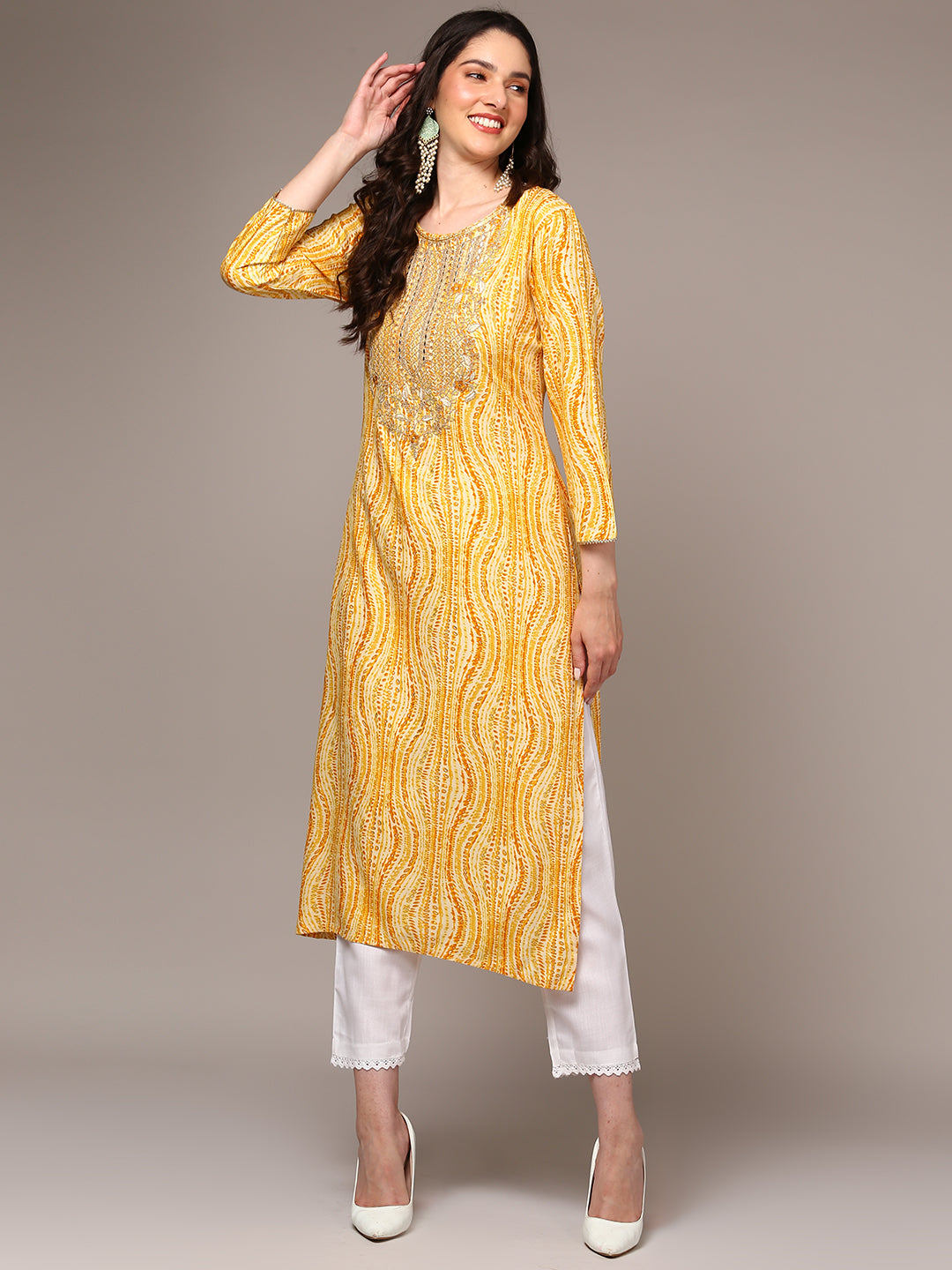 Women's Yellow Viscose Rayon Abstract Printed Kurta - Ahika