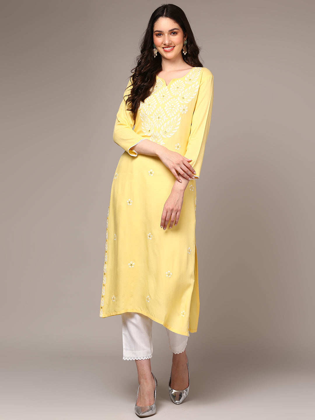 Women's Yellow Viscose Rayon Embroidered Kurta - Ahika