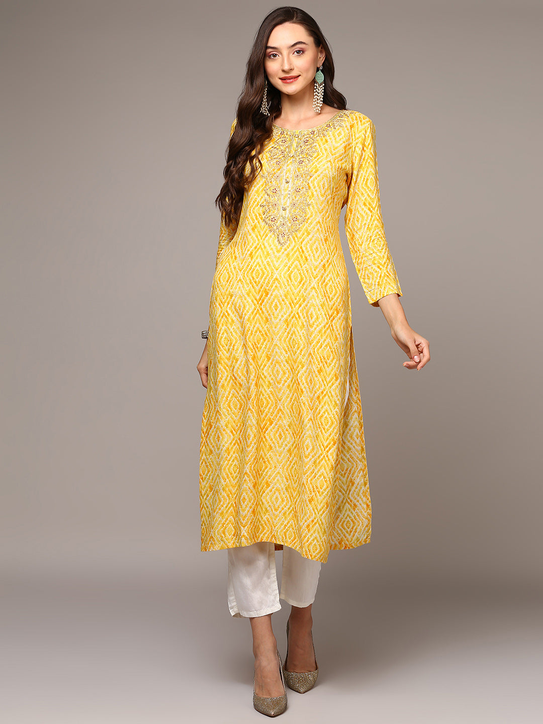 Women's Yellow Viscose Rayon Ethnic Motifs Straight Kurta - Ahika