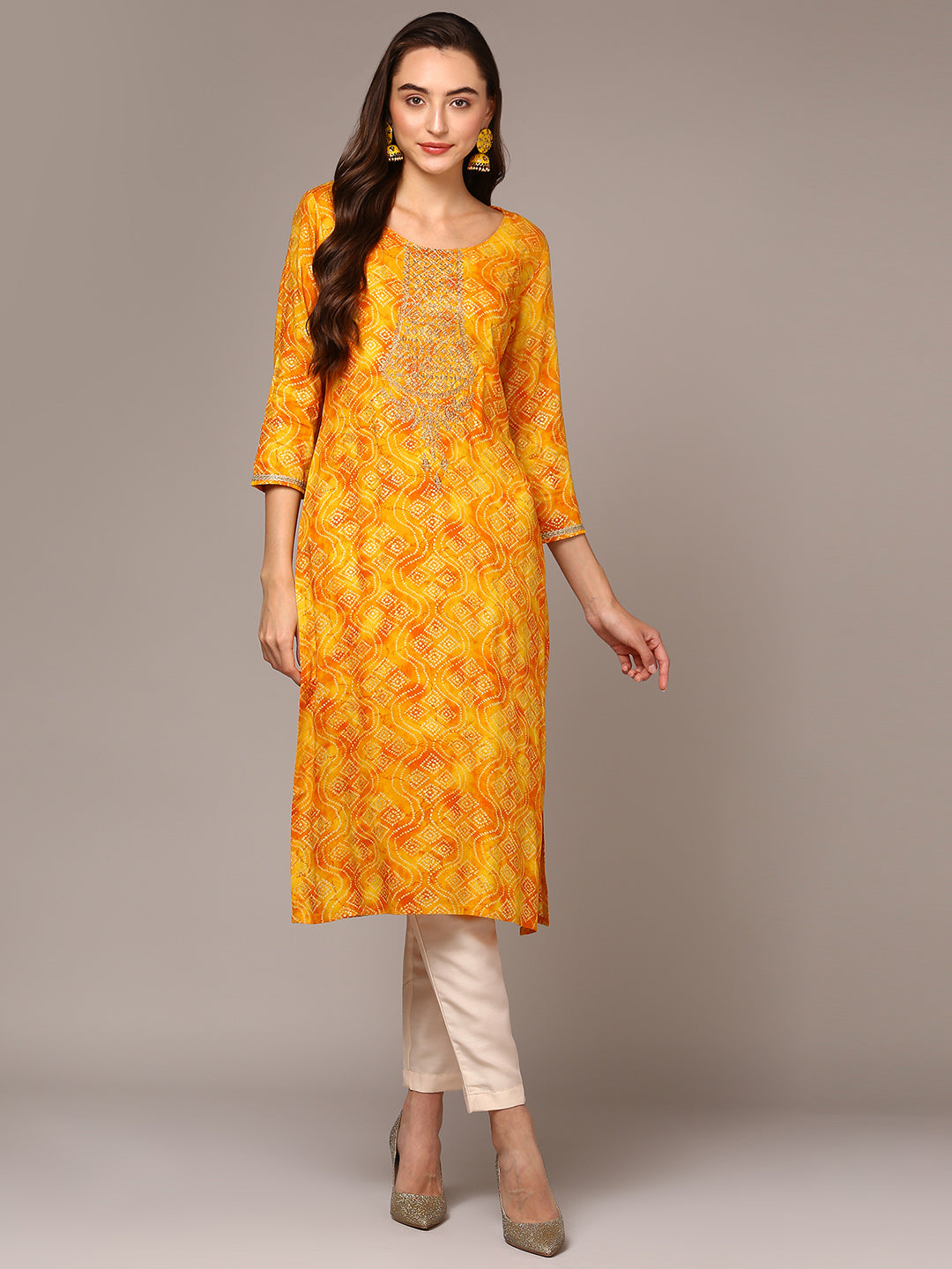 Women's Yellow Viscose Rayon Bandhani Printed Regular Fit Kurta - Ahika