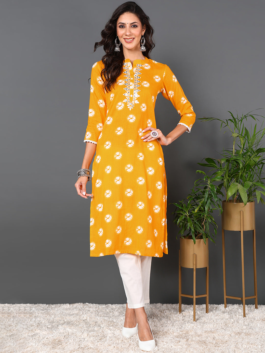 Women's Yellow Cotton Embroidered Ethnic Motifs Straight Kurta  - Ahika