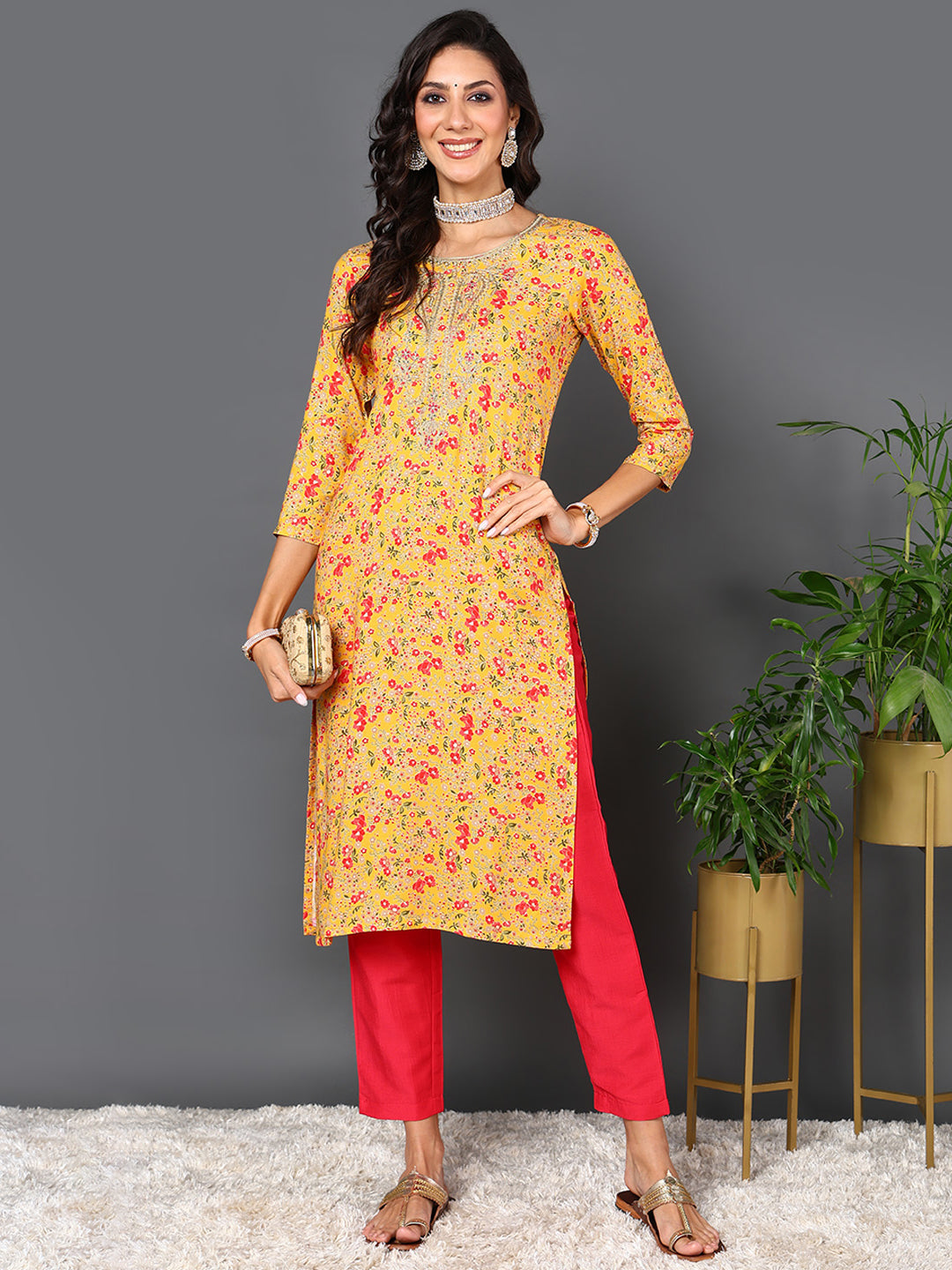 Women's Yellow Viscose Rayon Embroidered Floral Straight Kurta  - Ahika