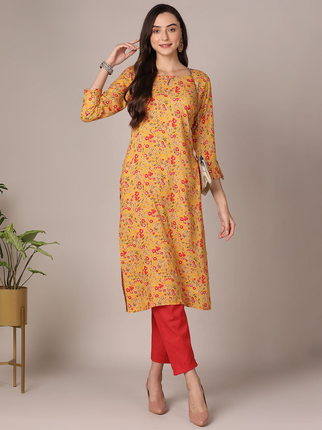 Women's Yellow Viscose Rayon Floral Printed Straight Kurta - Ahika