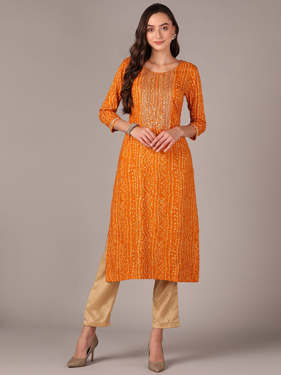 Women's Yellow Viscose Rayon Bandhani Embroidered Straight Kurta - Ahika