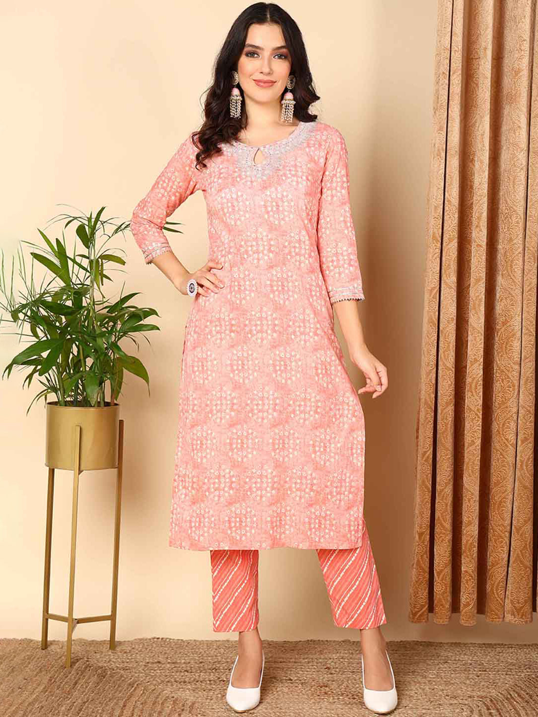 Women's Ahika  Women Peach Cotton Bandhani Printed Zari Work Fusion Wear Straight Kurta  - Ahika