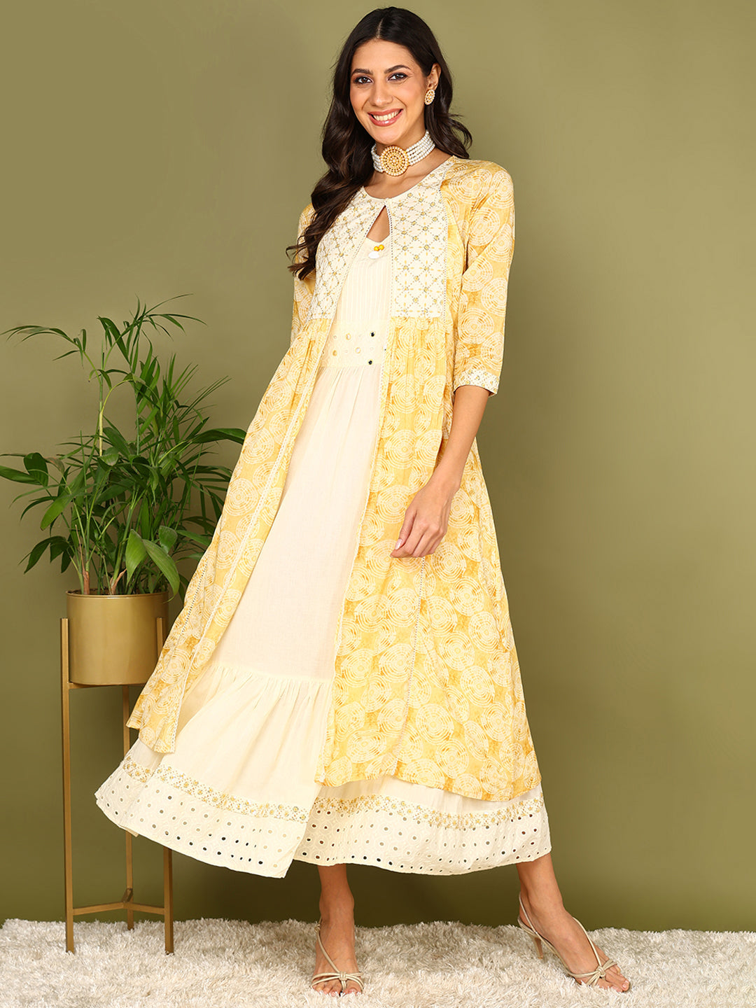 Women's Yellow Cotton Geometric Printed Embroidered A-Line Kurta  - Ahika