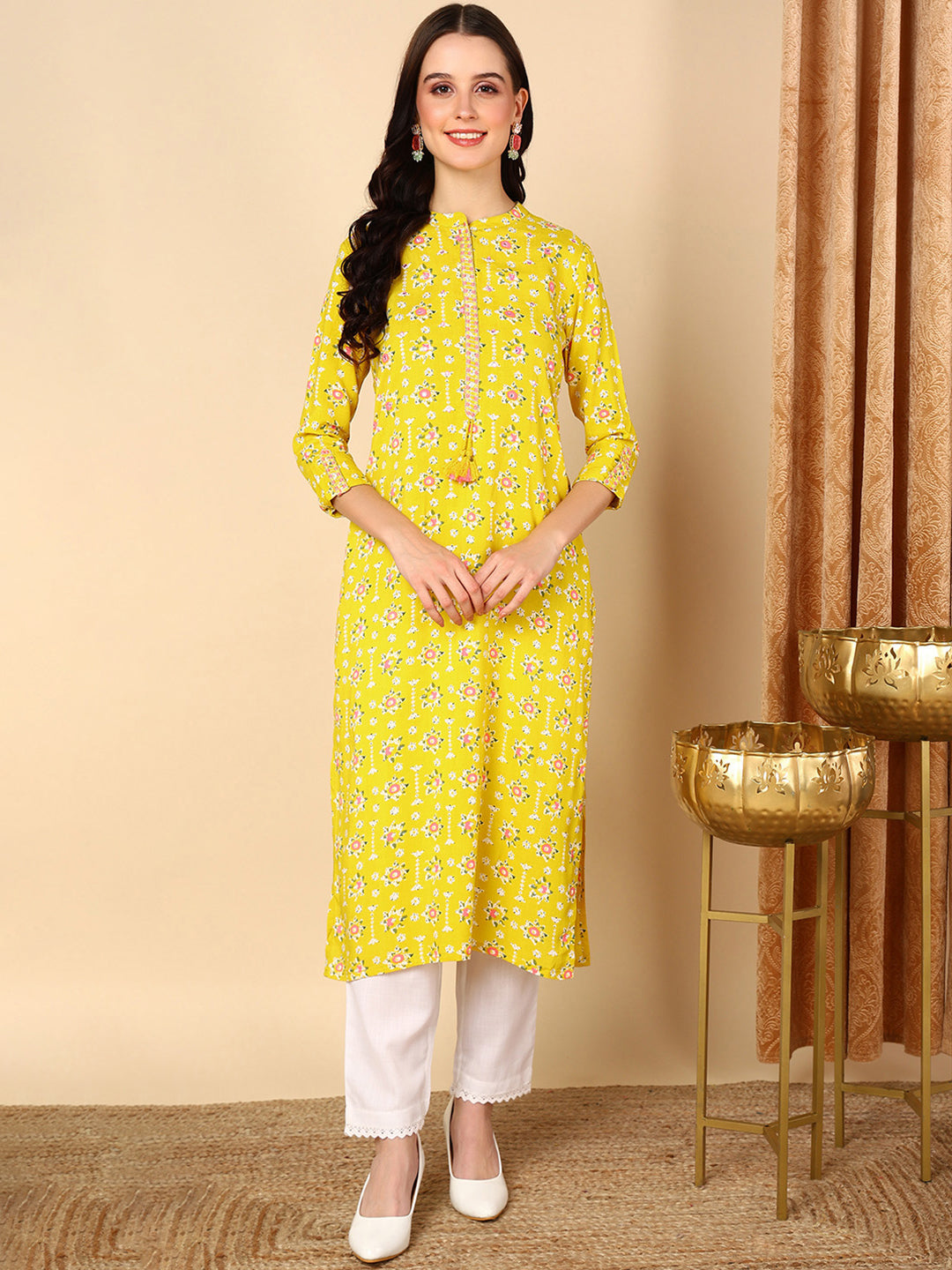 Women's Yellow Cotton Ethnic Motifs Printed Straight Kurta  - Ahika